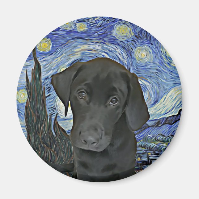 Íman Black Lab Puppy Starry Night Van Gogh Inspirou (Frente)