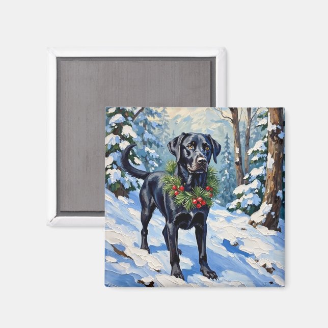 Íman Black Lab Serene Winter Forest Christmas Holiday (Front/Back)