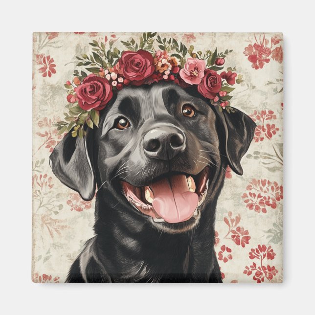 Íman Black Labrador Retriever Dog Red Floral Kitchen (Frente)