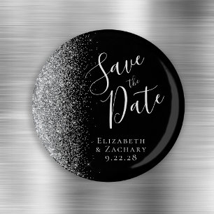 Íman Black Silver Glitter Script Save the Date