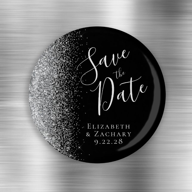 Íman Black Silver Glitter Script Save the Date (Criador carregado)