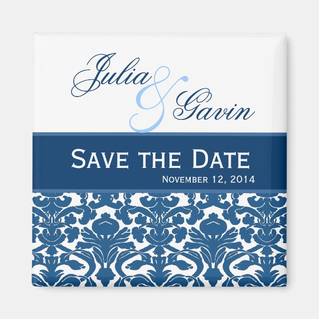 Íman Blue amd White Damask Save the Date Wedding V397 (Frente)