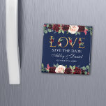 Íman Blue Burgundy Watercolor Floral Love Salvar a Data<br><div class="desc">Imã salve a data de Amor Floral com Bordo Azul de Aquarela - Quadrado</div>