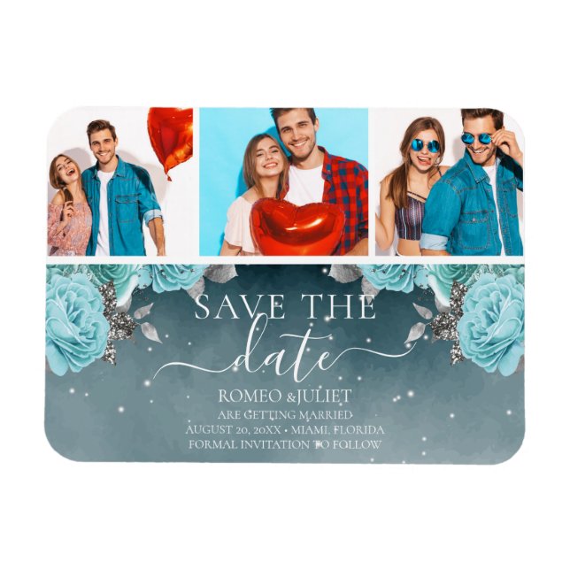 Íman Blue Floral Wedding Save the Date Photo Collage (Horizontal)