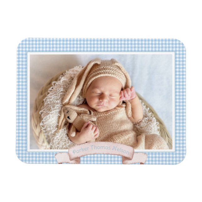 Íman Blue Gingham Baby Photo (Horizontal)