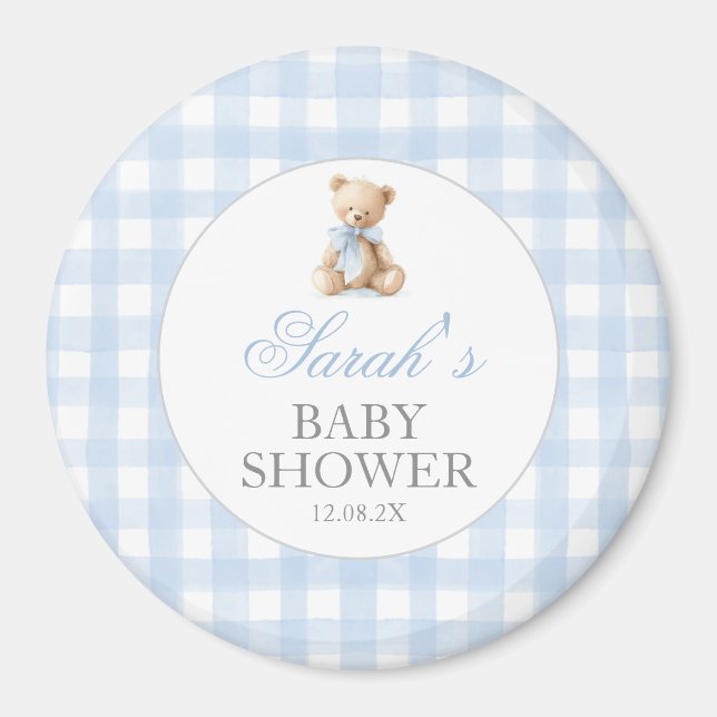 Íman Blue Gingham Bear Baby Shower (Frente)