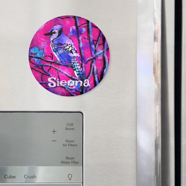 Íman Blue Jay Bird Tree Branch Pink Personalized  (In Situ (Fridge))