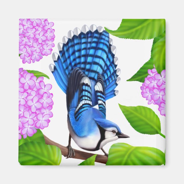 Íman Blue Jay no Hydrangeas Bird Magnet (Frente)