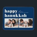 Íman Blue Retro Typografia Happy Hanukkah Foto Dois<br><div class="desc">Feliz Hanukkah! Celebre o alegre Festival das Luzes com nossa foto personalizável do ímã Chanucá! Este ímã festivo permite-lhe mostrar as suas memórias favoritas enquanto adiciona um toque pessoal ao seu decoro de férias. Apresenta tipografia retrógrada. Personalize adicionando seus detalhes. Um presente ideal para a família e os amigos, ou...</div>