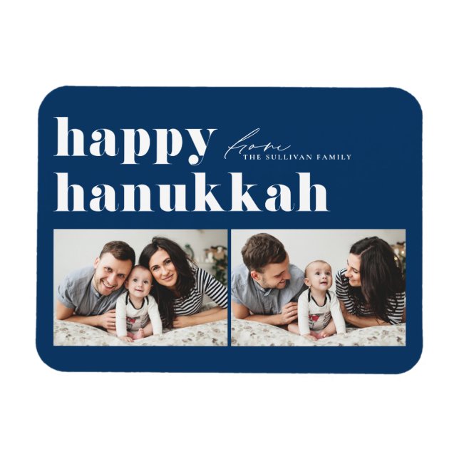 Íman Blue Retro Typografia Happy Hanukkah Foto Dois (Horizontal)