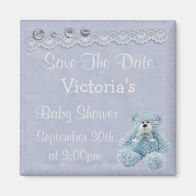 Íman Blue Save the Date Teddy Bear Boy Chá (Frente)