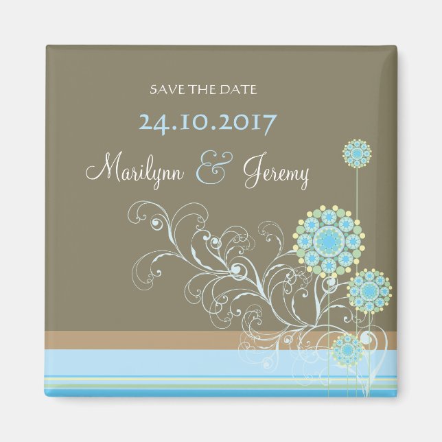 Íman Blue Snow Flower Swirls Chic Casamento Salve A Dat (Frente)