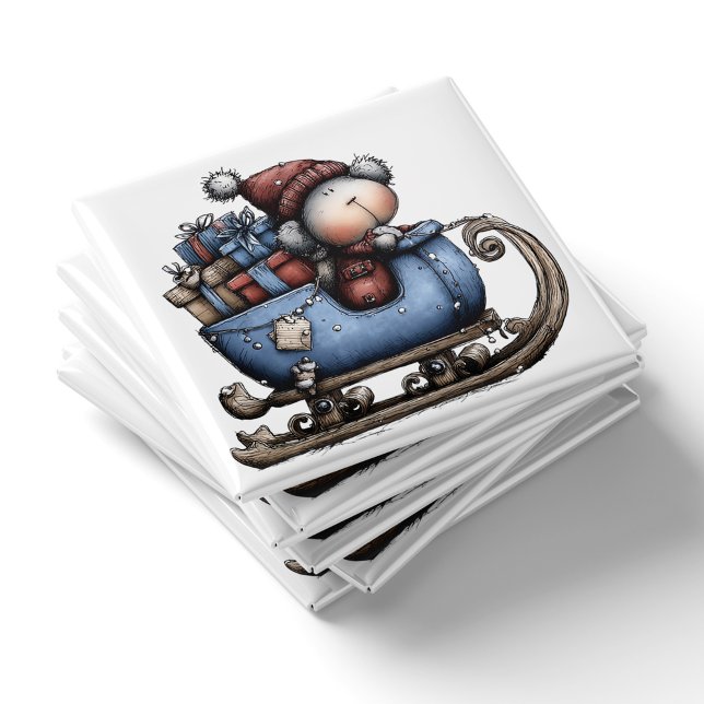 Íman Blue Whimsical Polar Bear Sled | Christmas Magnet (Blue Whimsical Polar Bear Sled Christmas Magnet by PiggyPrint Stickers.)