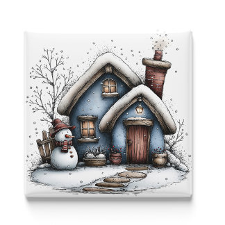 Íman Blue Winter Cottage Christmas Magnet