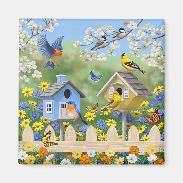 Íman Bluebird Goldfinches Birdhouses Fllower Garden (Frente)