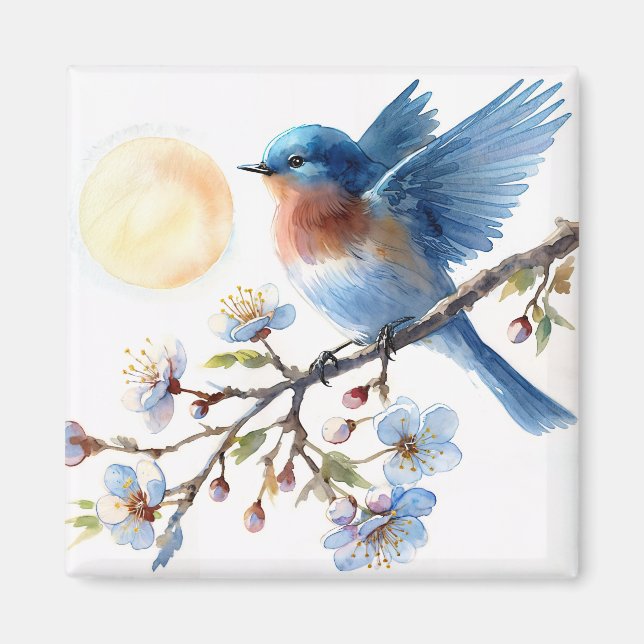 Íman Bluebird on Blossom Branch Square Magnet (Frente)
