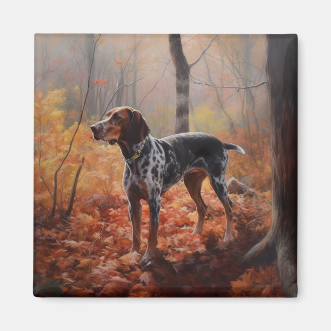 Íman Bluetick Coonhound em Folhas de Outono Caem Inspir (Frente)