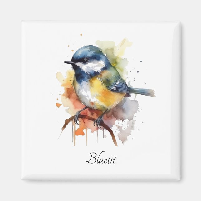 Íman Bluetit bonito em uma ramificação, personalizado (Frente)
