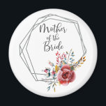 Íman Blush Geométrico Madre da Ronda das Noivas<br><div class="desc">Este ímã redondo apresenta um sotaque floral vermelho com uma estrutura geométrica moderna e "Mãe da Noiva" em um roteiro elegante. Uma bela manutenção ou favor para o dia do casamento,  chá de panela,  ou bolsa de boas-vindas. Coordena-se com a Coleção de Casamentos Florais Blush.</div>