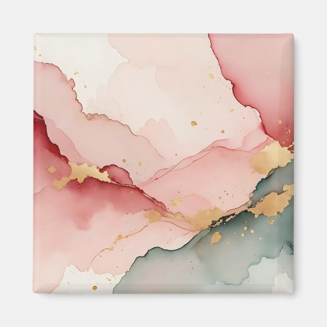 Íman Blush Rosa Azul Turquesa Dourado Abstrato (Frente)