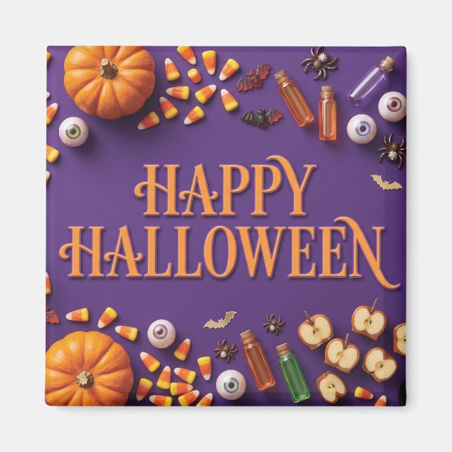 Íman Boas Vindas de Halloween em Flat Lay sobre Roxo  (Frente)