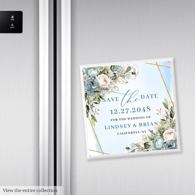 Íman Boho Azul Floral Dourado Sem Data Atemporal Salvar (Timeless Blue Floral Gold Frame Save The Date Magnet

)