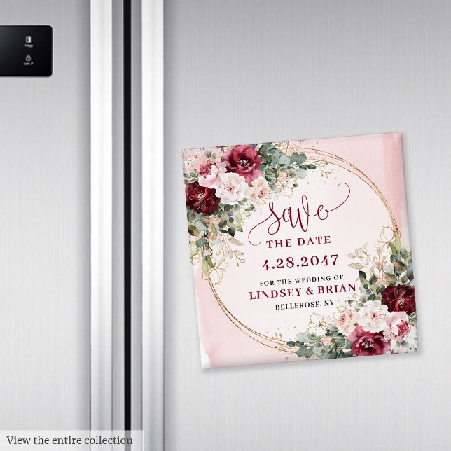 Íman Boho Burgundy Glamouroso Beijo Dourado Floral Data (Glamorous Boho Burgundy Blush Gold Floral Save the Date Magnet

)