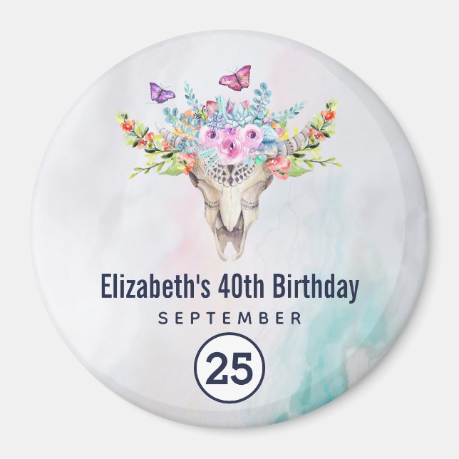 Íman Boho Caveira com um Save the Date de Buquê Floral (Frente)