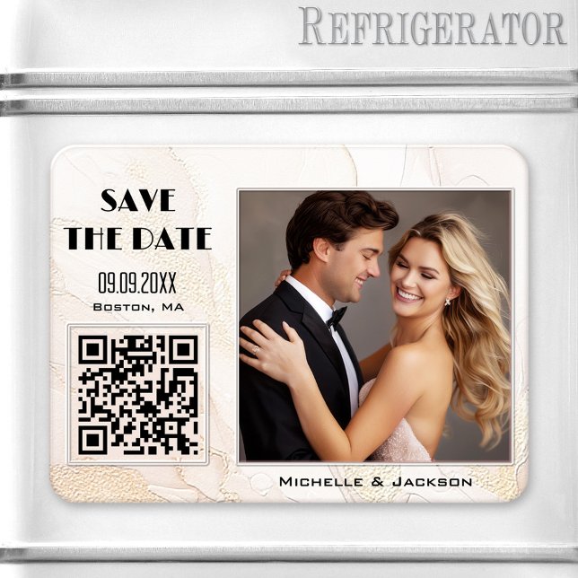 Íman Boho Chic Photo QR Code Salvar Data (Modern Save the Date magnet featuring your photo on an artistic ivory and peach boho chic design)