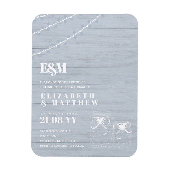Íman BoHO Dusty Blue Driftwood Casamento Mason Jars (Vertical)