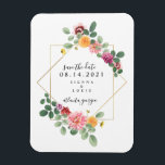 Íman Boho Floral Botânico Salva A Data<br><div class="desc">Um elegante casamento rústico salve o ímã de datas com um design floral botânico inspirado pela aquarela em volta de um quadro geométrico com texto preto. Procure por convites de casamento e outros itens de coordenação na Paperie de Jill.</div>