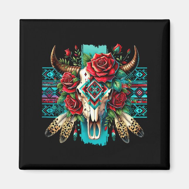 Íman Boho floral crânio de touro rosas asteca vaqueira  (Frente)