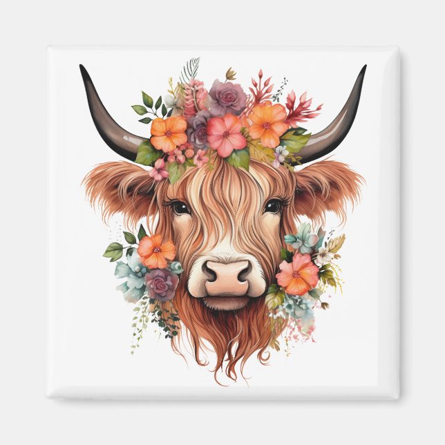 Íman Boho Floral Scottish Highland Cow Western Flowers (Frente)