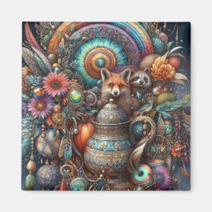 Íman Boho Fox Raccoon Floral Design