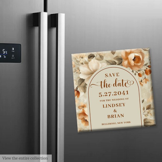 Íman Boho Moderno Data de Casamento Floral Oliva Marfim (Trendy Boho Copper Ivory Olive Floral Save Date magnet )