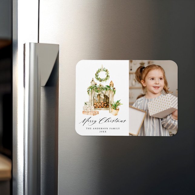 Íman Boho Watercolor Lareira Com Foto Verde (Criador carregado)