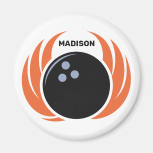 Íman Bola de boliche de nome personalizado com chama