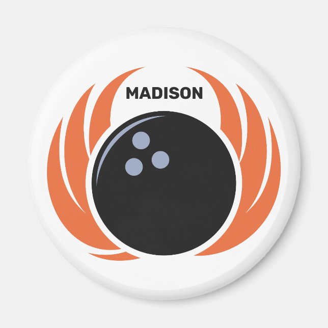 Íman Bola de boliche de nome personalizado com chama (Frente)
