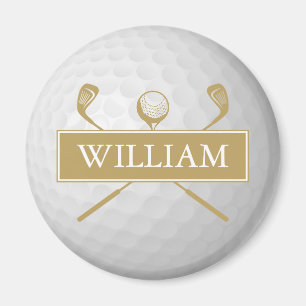 Íman Bola de Golfe Dourada e Branca com Nome Personaliz