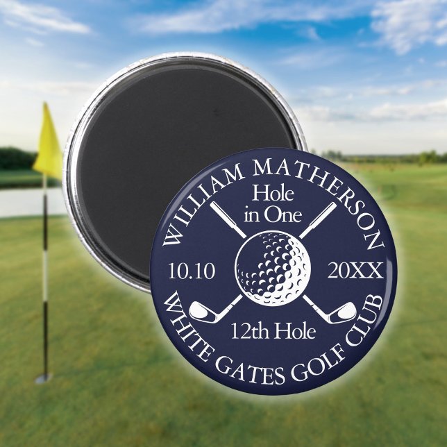 Íman Bola de Golfe e tacos Hole in One Azul Marinho (Hole in One Golf Ball And Clubs Navy Blue Magnet)