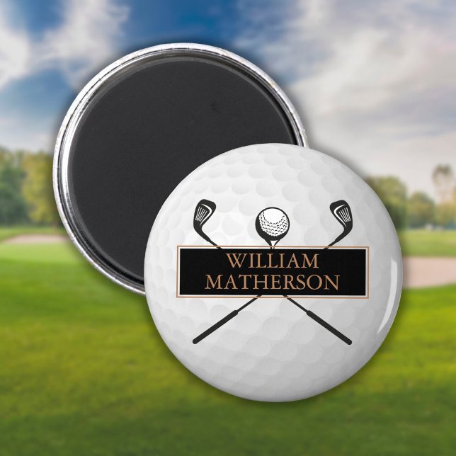 Íman Bola de Golfe Preta e Dourada com Nome Personaliza (Criador carregado)