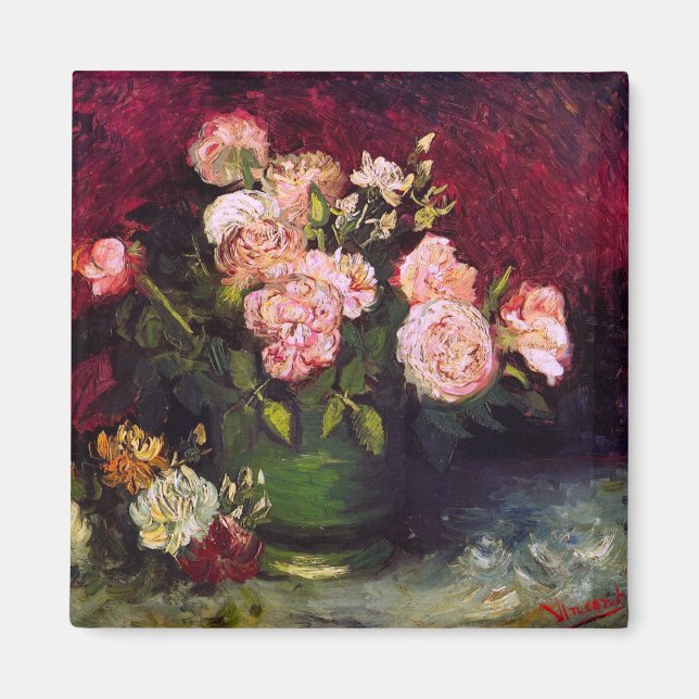 Íman Boliche com Peonies e Rosas Van Gogh de Belas Arte (Frente)