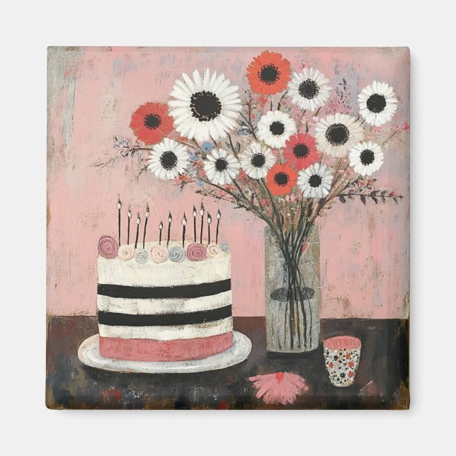 Íman Bolo de Aniversário Chic e Flores de Gerbera (Frente)