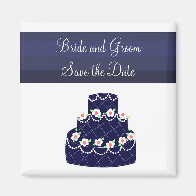 Íman Bolo de Casamento Azul Marinho Save the Date (Frente)