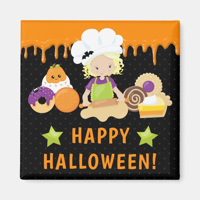 Íman Bolos de Halloween e Menina Loira Assando (Frente)
