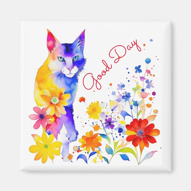Íman Bom Dia | Gato e Flores em Aquarela  (Frente)