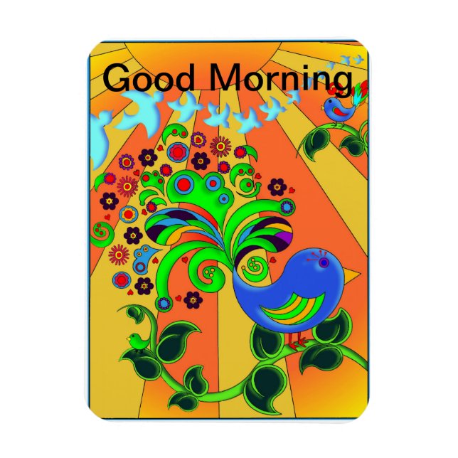 Íman Bom dia, nascer do sol com pássaro (Vertical)