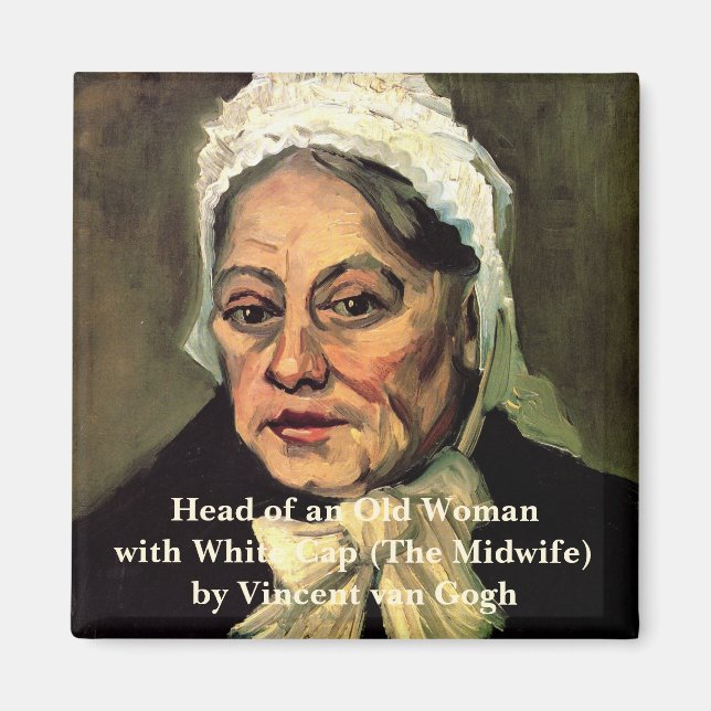 Íman Boné Branco de Velhice Mulher por Vincent van Gogh (Frente)