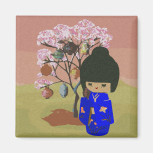 Íman Boneca bonito do kokeshi com árvore da flor de