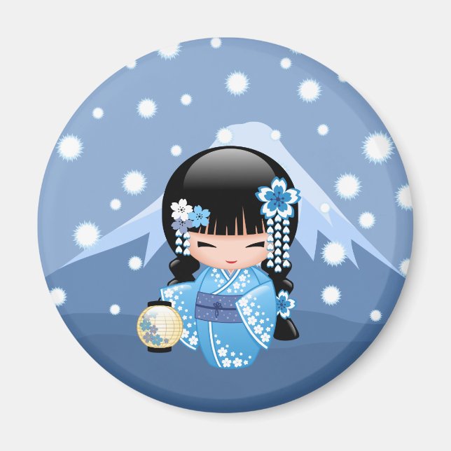 Íman Boneca de inverno Kokeshi - Garota Geisha Blue Mou (Frente)